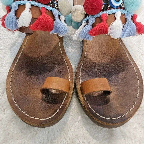 Brown Leather Pom Pom Sandals Colorful Size 9 Bohemian Tassel Western Summer - Picture 9 of 10